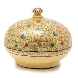 Kashmir Handmade Papier Mâchée Trinket Jewelry Box Jar Silver Leaf Yellow Black